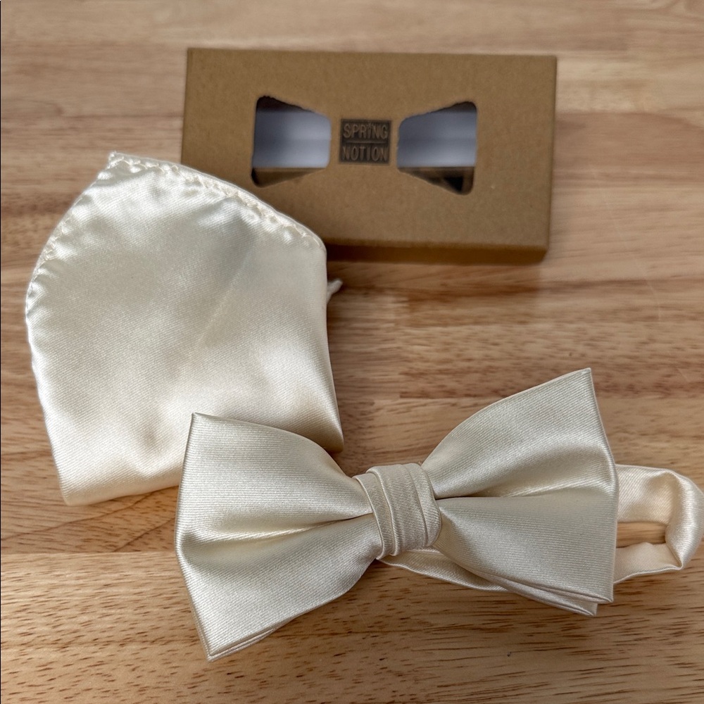 Spring Notion men’s solid color, satin microfiber, bowtie, ivory set
